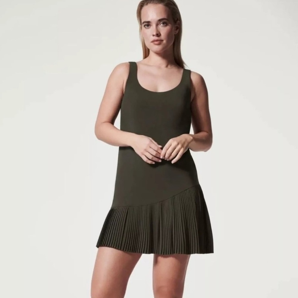 Olive Green Pleated Dress - Picture 2 of 5
